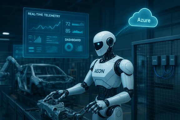 AEON, a humanoid robot, assembles car parts in a high-tech factory with Azure cloud telemetry. AEON, a humanoid robot, assembles car parts in a high-tech factory with Azure cloud telemetry.