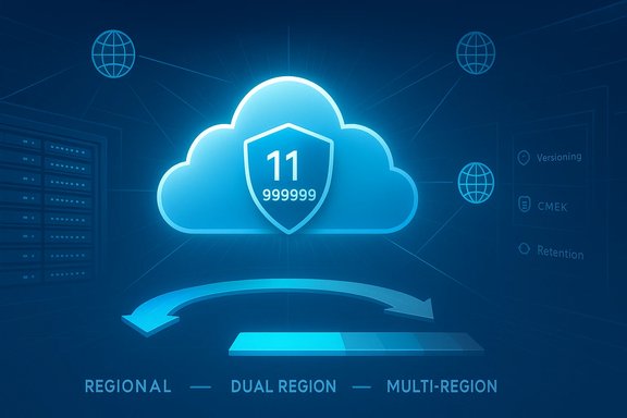 Blue cloud icon with a security shield illustrating regional, dual-region, and multi-region cloud replication.