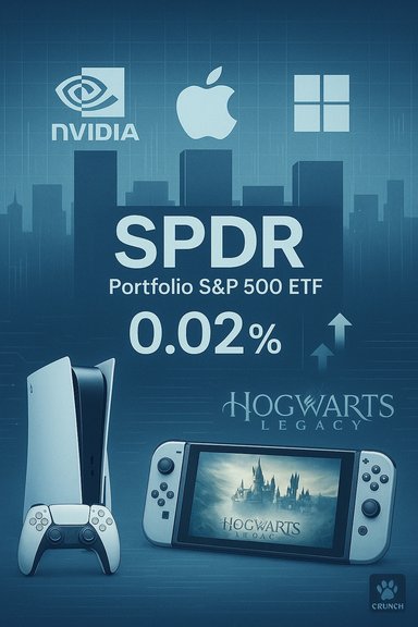 Blue-toned collage featuring Nvidia, Apple, Windows logos, SPDR ETF, Hogwarts Legacy, PS5 and Nintendo Switch.