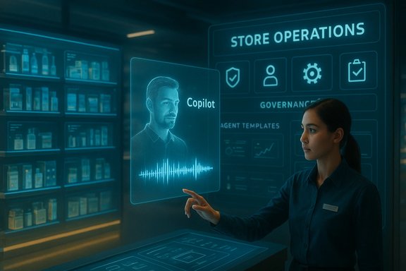 A woman uses a holographic Copilot display in a futuristic store operations room. A woman uses a holographic Copilot display in a futuristic store operations room.
