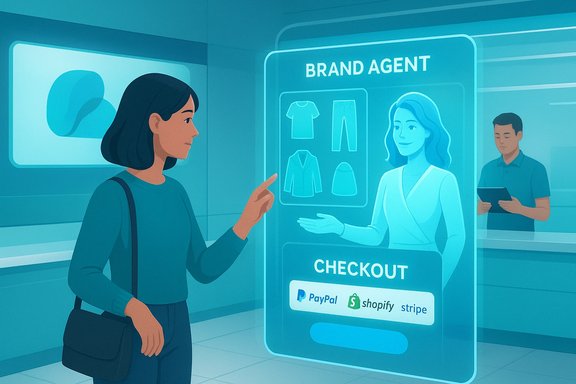 A shopper interacts with a holographic Brand Agent checkout showing clothes and payment options. A shopper interacts with a holographic Brand Agent checkout showing clothes and payment options.
