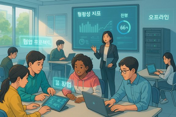 A diverse group of students collaborates on laptops and tablets while a teacher presents data on a large screen.