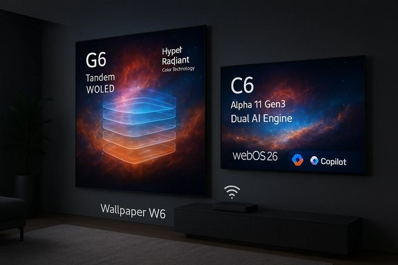 Two large wall displays in a dark living room showcase G6 and C6 OLED posters with a sleek console and plant.