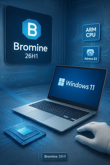 Futuristic tech setup: Windows 11 laptop with Bromine 26H1 chipset, ARM CPU, and Adreno X2. Futuristic tech setup: Windows 11 laptop with Bromine 26H1 chipset, ARM CPU, and Adreno X2.