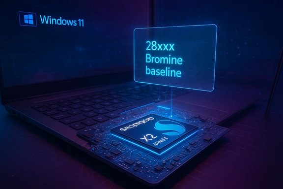 A neon holographic panel displays '28xxx Bromine baseline' above an ARM64 chip on a Windows 11 laptop. A neon holographic panel displays '28xxx Bromine baseline' above an ARM64 chip on a Windows 11 laptop.