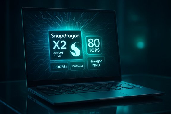 Blue-tinted laptop screen displays Snapdragon X2 with 80 TOPS and Hexagon NPU.