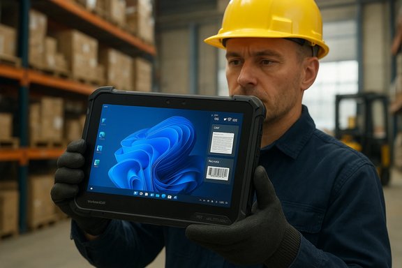Warehouse worker in a yellow hard hat holds a rugged tablet displaying Windows.