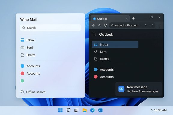 Side-by-side email apps: Wino Mail and Outlook on Windows 11.