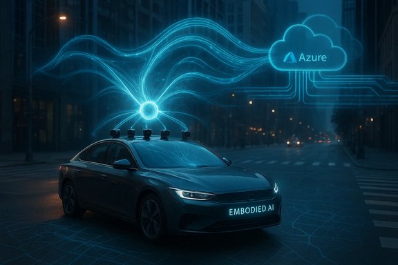 Futuristic autonomous car connected to the Azure cloud by glowing blue data streams.
