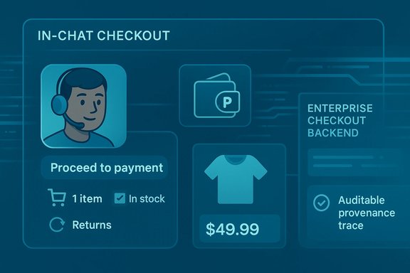 In-chat checkout interface showing an item card, price $49.99, stock/returns, and enterprise backend. In-chat checkout interface showing an item card, price $49.99, stock/returns, and enterprise backend.