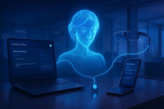 A blue holographic woman floats between a laptop and a smartphone, connected by glowing lines.