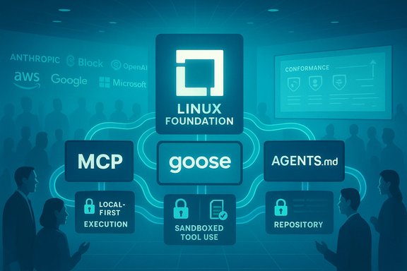 Linux Foundation diagram linking MCP, goose, and AGENTS.md with security and sandbox icons.