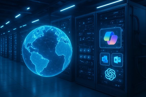 Glowing blue Earth hologram beside rows of server racks in a futuristic data center.