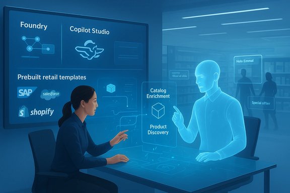 A woman uses a blue holographic AI workspace showing templates and product discovery visuals.
