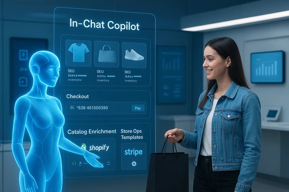 A shopper chats with a holographic AI assistant displaying products and a checkout panel. A shopper chats with a holographic AI assistant displaying products and a checkout panel.