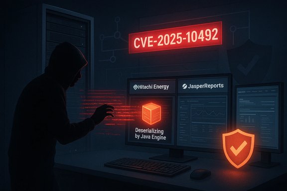 Hooded hacker exploits CVE-2025-10492 deserialization to breach systems.