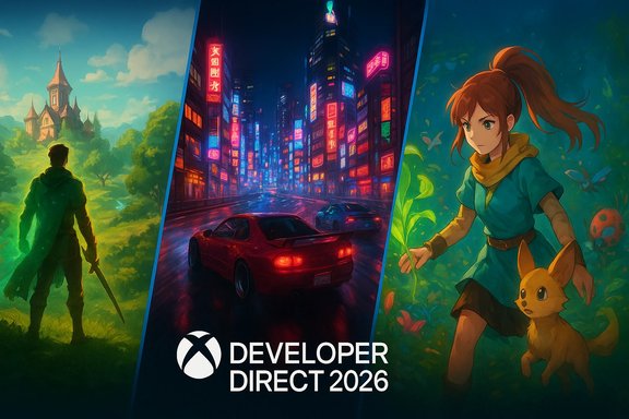Promo banner art for Xbox Developer Direct 2026: forest, neon city, and a girl with a fox.