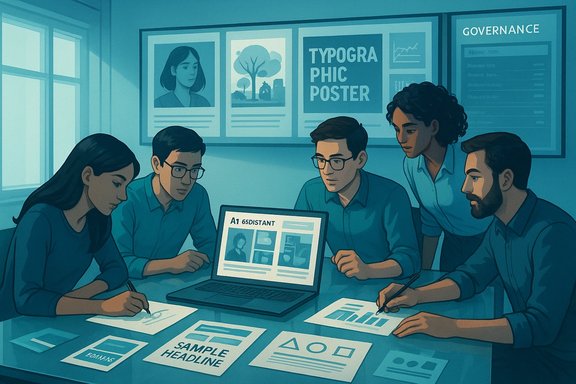 Five designers brainstorm around a laptop for a poster design.