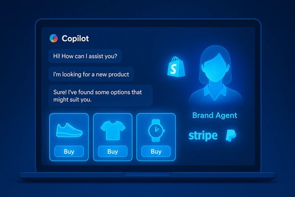 Blue neon laptop screen shows Copilot chat, product cards, and a Brand Agent panel. Blue neon laptop screen shows Copilot chat, product cards, and a Brand Agent panel.