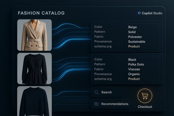 Dark UI fashion catalog showing three outfits with filters and a checkout button.
