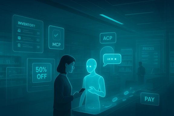 A woman interacts with a glowing holographic AI assistant in a futuristic store. A woman interacts with a glowing holographic AI assistant in a futuristic store.
