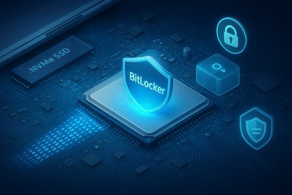 A glowing BitLocker shield sits atop a processor on a blue circuit board.