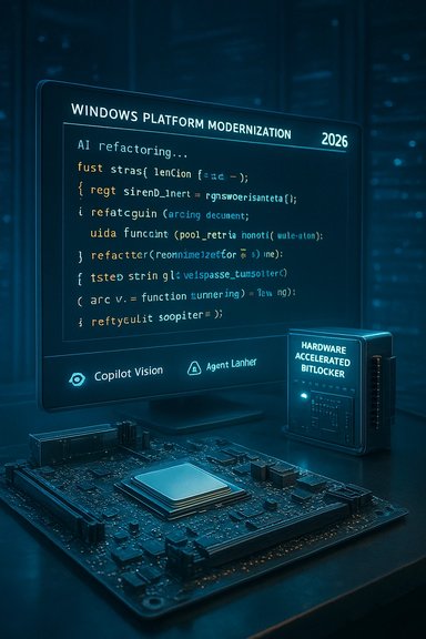 AI refactoring code on a Windows platform modernization screen with hardware-accelerated BitLocker and a motherboard. AI refactoring code on a Windows platform modernization screen with hardware-accelerated BitLocker and a motherboard.
