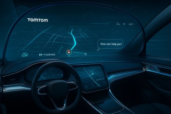 Futuristic car cockpit with a curved windshield HUD displaying TomTom maps and a 'How can I help you?' prompt. Futuristic car cockpit with a curved windshield HUD displaying TomTom maps and a 'How can I help you?' prompt.