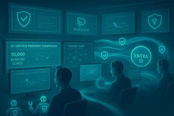 Security operations center tracking AI-driven phishing campaigns and identity protection.