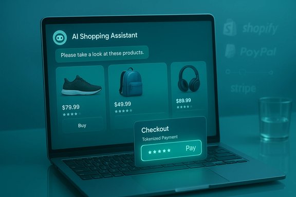 Laptop screen shows an AI Shopping Assistant with product cards and a checkout dialog. Laptop screen shows an AI Shopping Assistant with product cards and a checkout dialog.