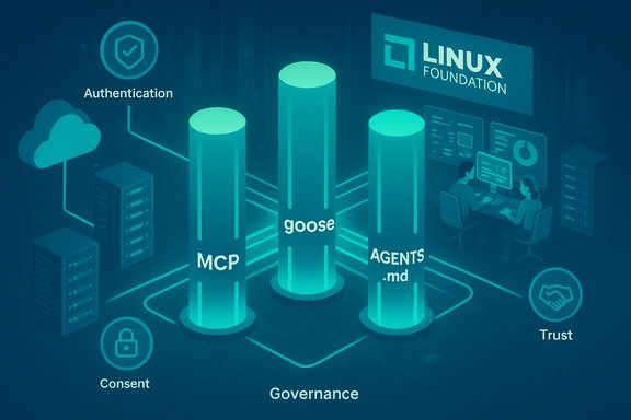 An isometric Linux Foundation infographic showing three pillars labeled MCP, goose, and AGENTS.md.