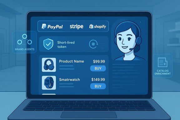 Blue-tinted laptop screen displaying an ecommerce dashboard with PayPal, Stripe, Shopify logos and product listings.