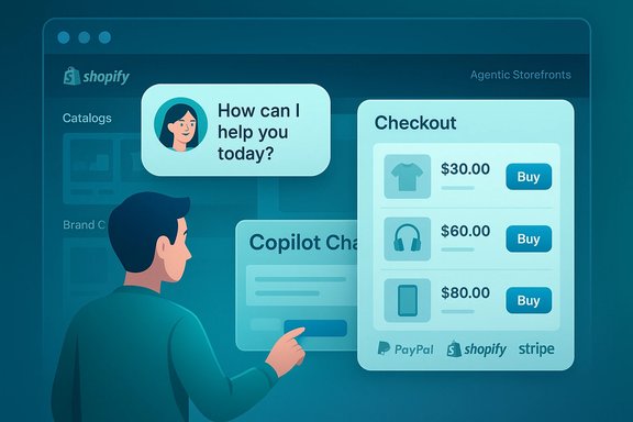 A person uses a Shopify storefront UI with a chat assistant and a checkout panel. A person uses a Shopify storefront UI with a chat assistant and a checkout panel.