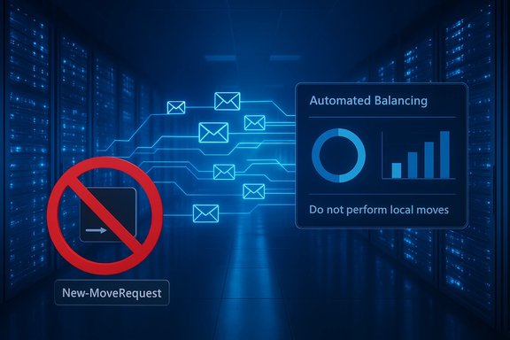Blue data-center scene with holographic automated balancing UI and a 'Do not perform local moves' warning.