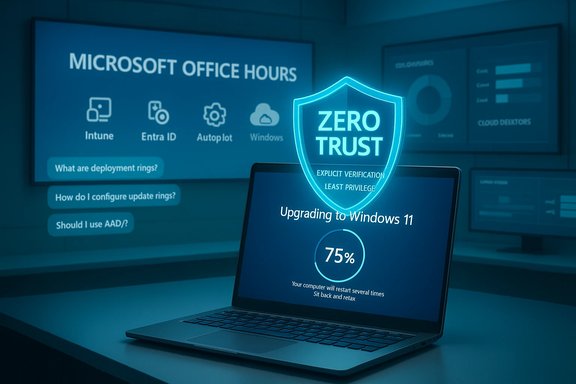 Laptop shows Windows 11 upgrade at 75% with a glowing Zero Trust shield in a security briefing.