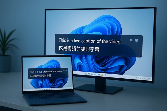 Laptop and monitor show a live caption overlay in English and Chinese on a blue abstract wallpaper.