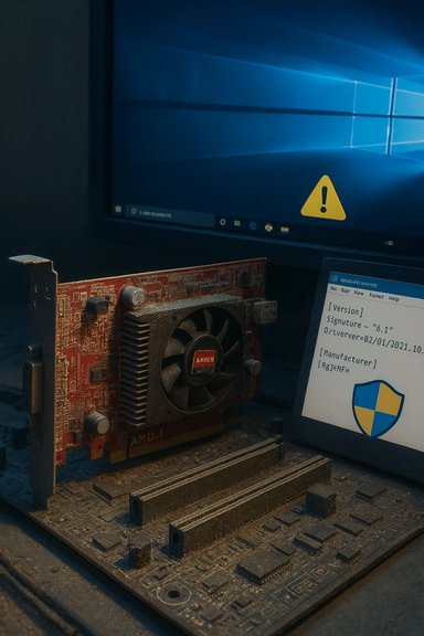 Dusty AMD graphics card with a fan, mounted on a motherboard, beside a Windows desktop with a warning icon.
