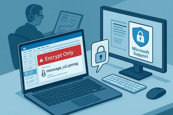 A desk setup with a laptop showing Encrypt Only and a monitor labeled Microsoft Support.