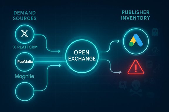 Neon schematic showing demand sources feeding an Open Exchange, linking to publisher inventory.