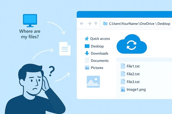 A puzzled user searches for missing files as cloud sync shows folders and documents.