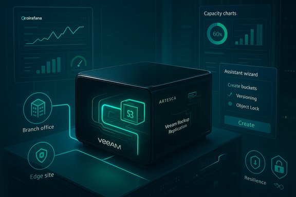 Futuristic data-center UI showcasing a Veeam Backup & Replication cube with analytics.
