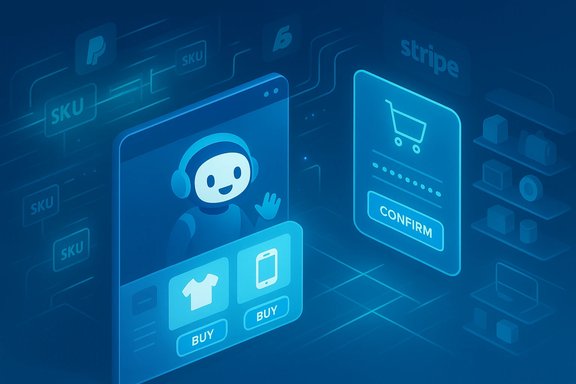 Blue futuristic e-commerce interface featuring a waving chatbot and buy/confirm panels. Blue futuristic e-commerce interface featuring a waving chatbot and buy/confirm panels.