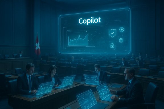 Parliamentary chamber with a holographic Copilot display and delegates using glowing laptops.