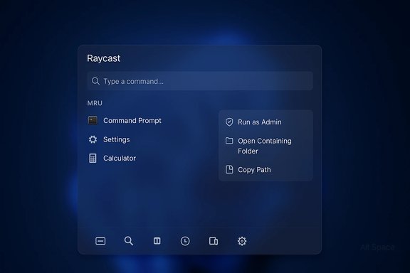 Raycast command launcher UI on a dark blue gradient background.