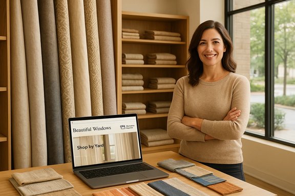 Smiling woman in a beige fabric showroom stands beside a laptop and color swatches.