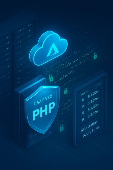 Blue neon cloud and PHP shield guard a data server with Azure Linux attestation.