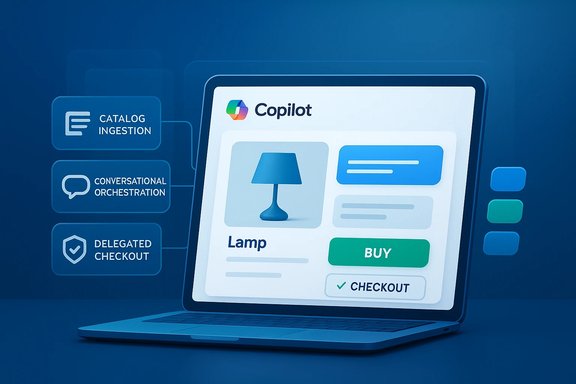 Laptop displays Copilot product page for a lamp, with Buy and Checkout options. Laptop displays Copilot product page for a lamp, with Buy and Checkout options.