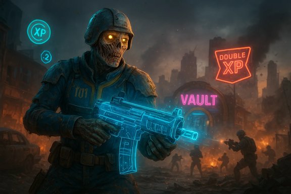 Zombie soldier with glowing eyes and a neon-blue rifle stalks a ruined city amid neon XP signs.