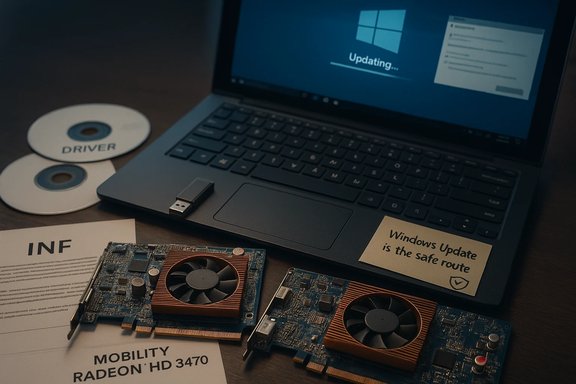 Laptop on desk shows Windows Update; GPU cards and driver discs sit nearby.