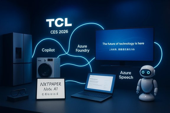 TCL CES 2026 booth with glowing blue circuits featuring appliances, laptop, TV, and a friendly robot.